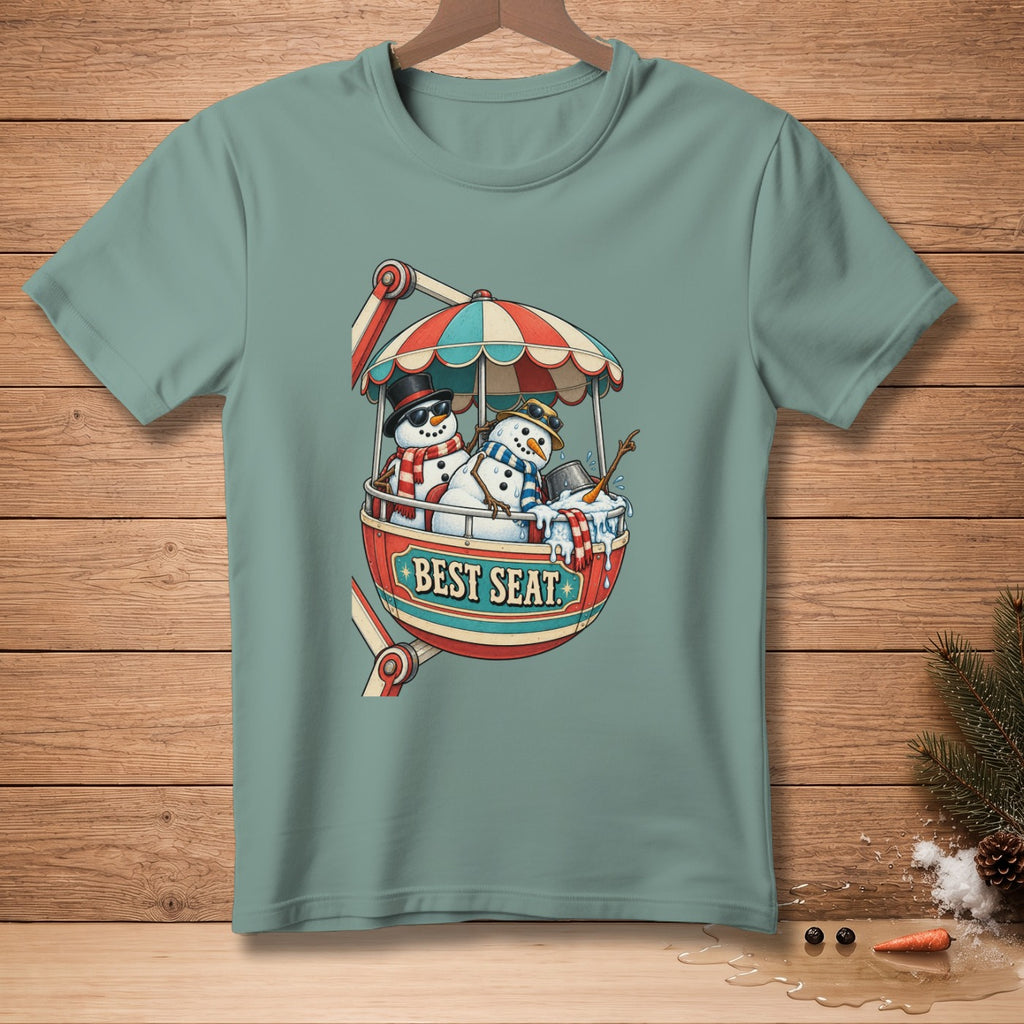 Two snowmen in a Ferris wheel gondola with the text "BEST SEAT".