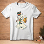 Melting snowman wearing a top hat, scarf, and holding a "Hot Toddy" drink.