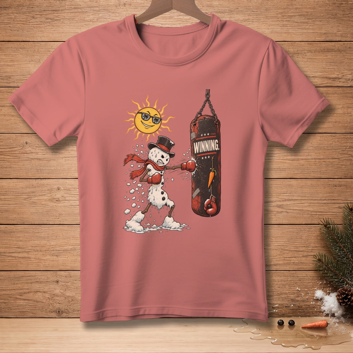 Snowman boxer punches punching bag with "WINNING" text.