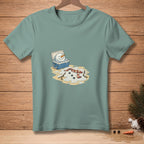 T-shirt with cartoon melting snowman in a cooler and on the beach.
