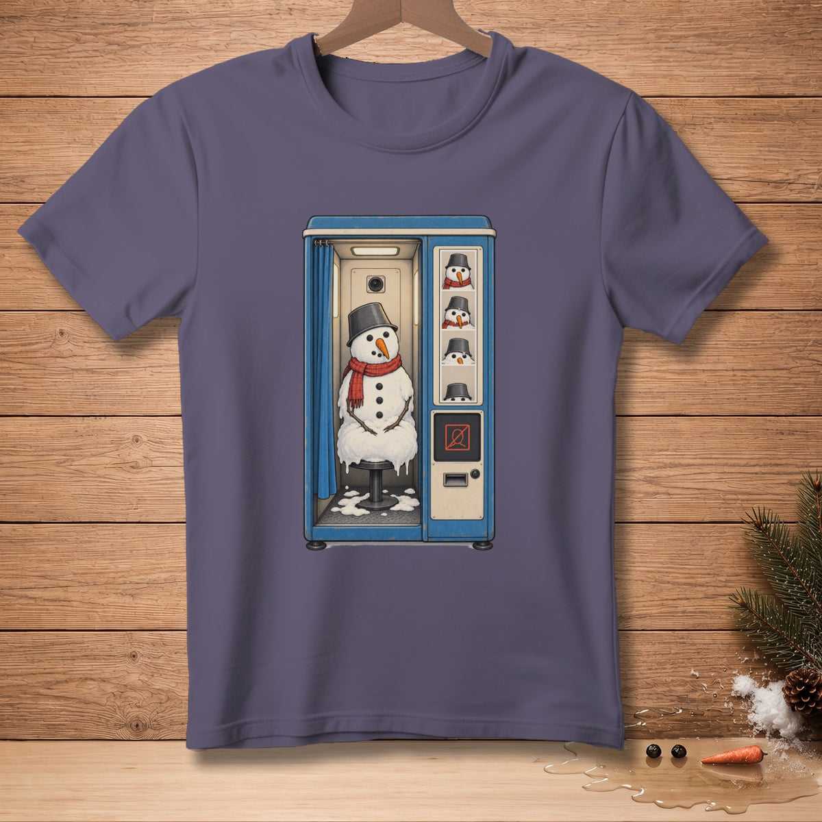 Snowman in a photo booth with other snowmen heads displayed.