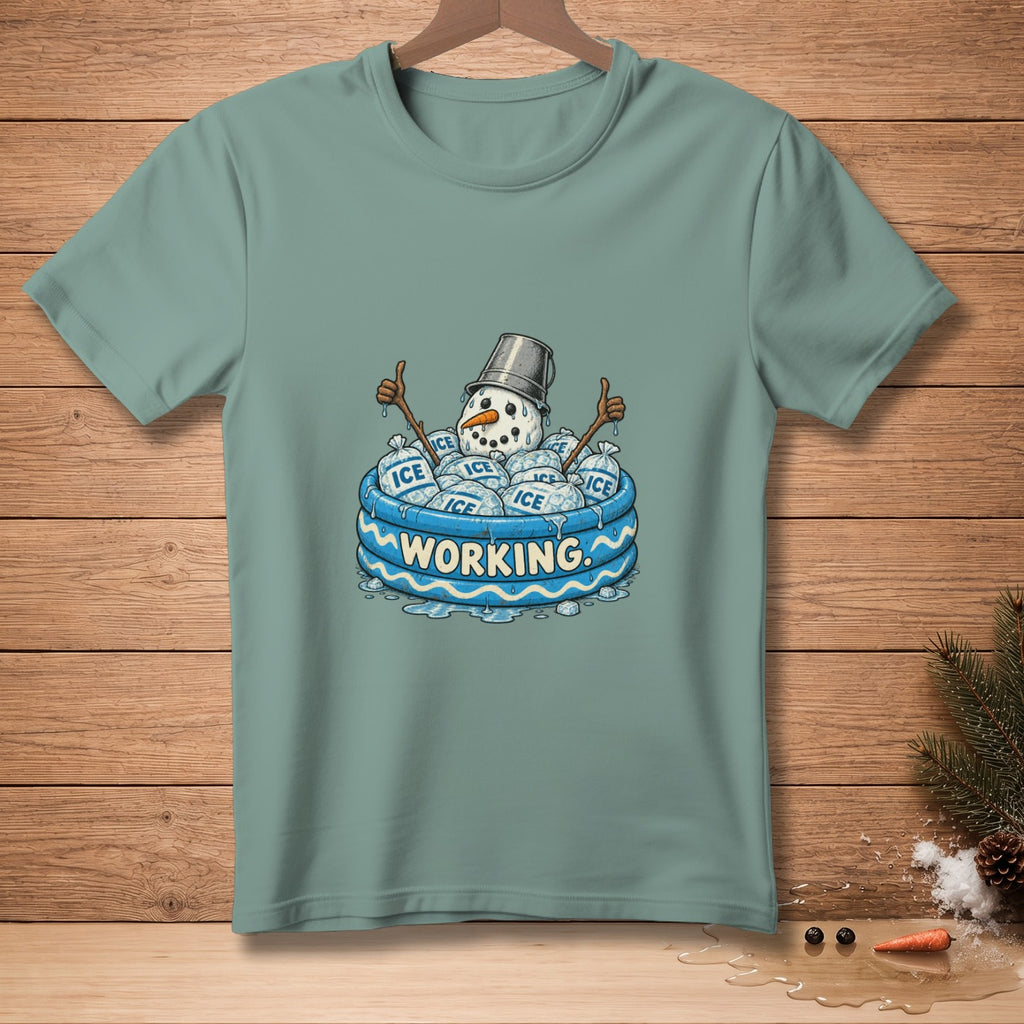 Snowman in kiddie pool with ice bags, giving thumbs up and saying "WORKING."