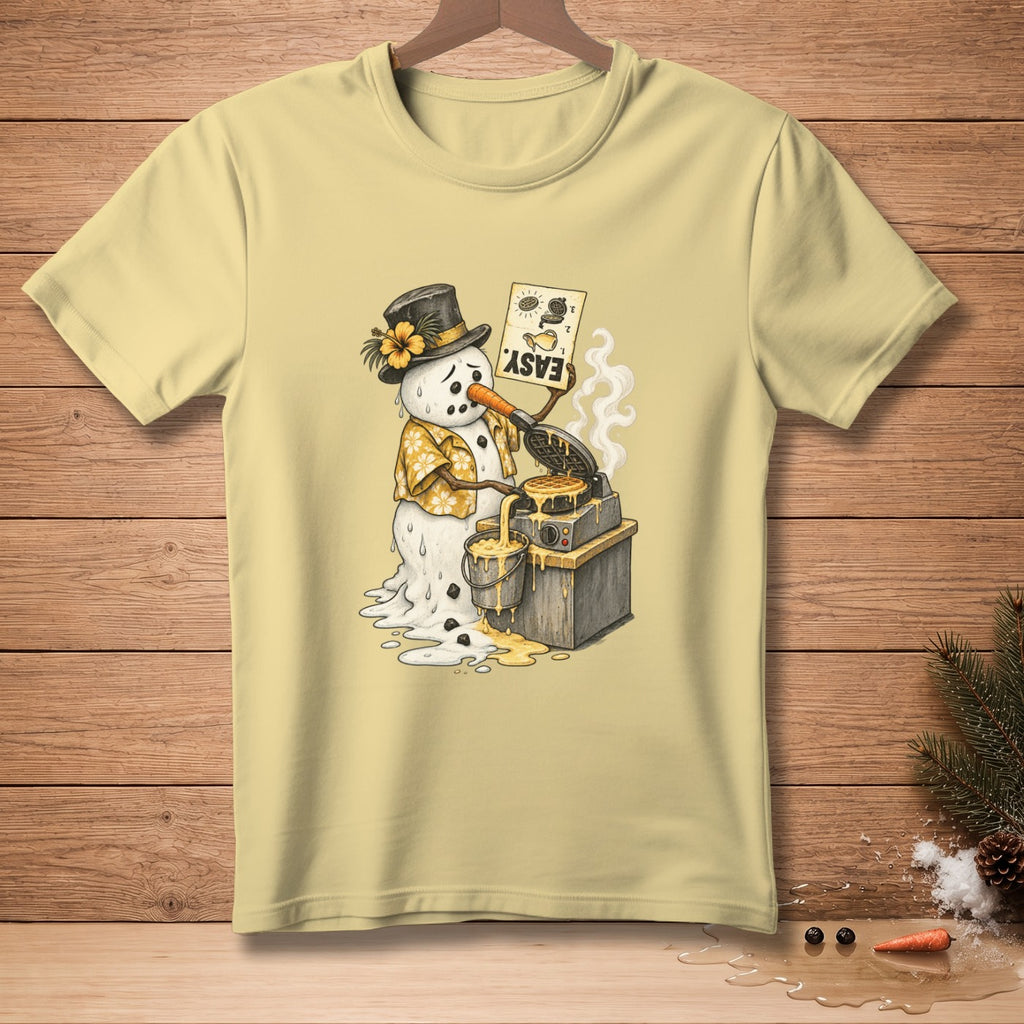 Snowman in a Hawaiian shirt and top hat makes waffles, holding a sign that says "EASY".