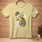 Snowman in a Hawaiian shirt and top hat makes waffles, holding a sign that says "EASY".