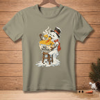 Melting snowman wearing a top hat and scarf eating macaroni and cheese from a bowl that says "NO NOTES."