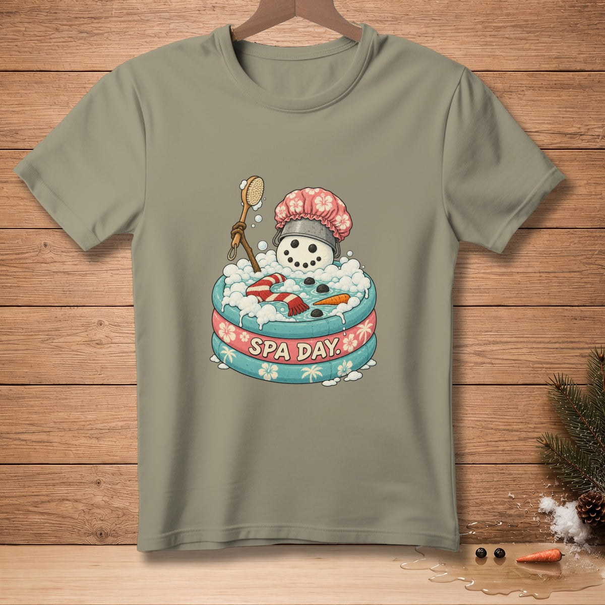 Snowman in a spa bath with a shower brush and text "SPA DAY".