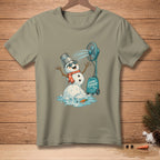 Melting snowman with sunglasses and fan on t-shirt with "GAME CHANGER" text.