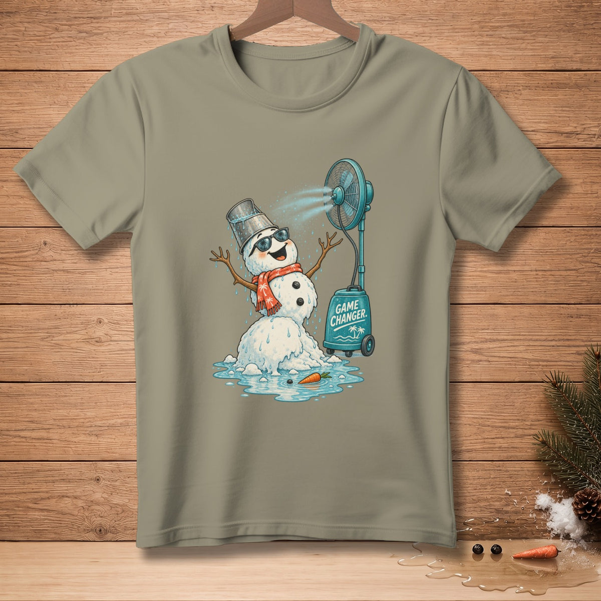 Melting snowman with sunglasses and fan on t-shirt with "GAME CHANGER" text.