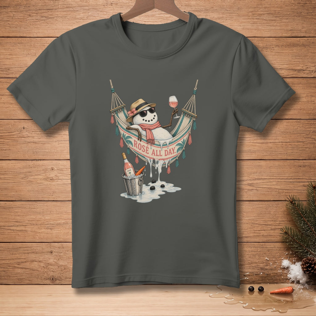 Snowman in a hammock drinking rosé with text "ROSÉ ALL DAY".