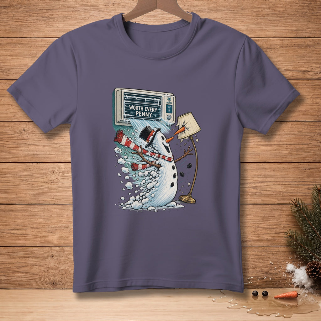 Snowman with scarf and hat blows cold air from an AC unit, text reads "Worth Every Penny."