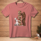 Bigfoot plays Jenga with a snowman next to a tower of blocks.