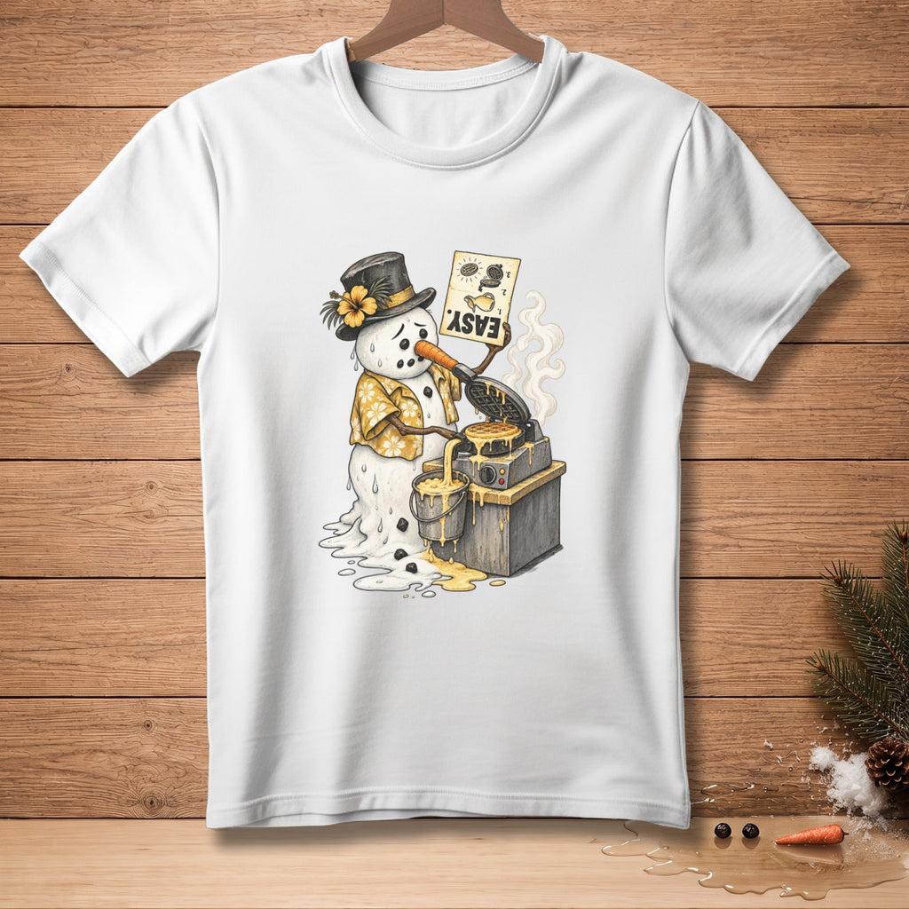 Snowman making waffles with text "EASY" on a sign.