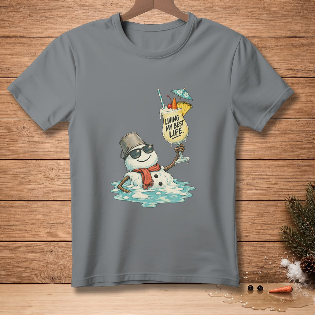 Melting snowman in sunglasses holding a cocktail with text "LIVING MY BEST LIFE."