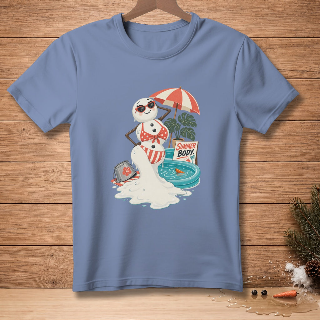 Melting snowman in a bikini by a pool with "SUMMER BODY" sign.