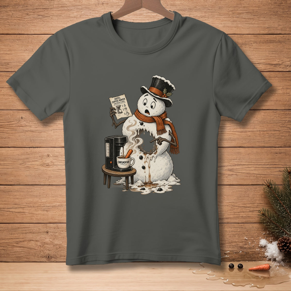 Melting snowman with coffee maker and hotel instructions.