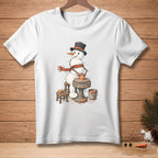 Snowman wearing a top hat and scarf makes pottery at a wheel with "CENTERED." text.
