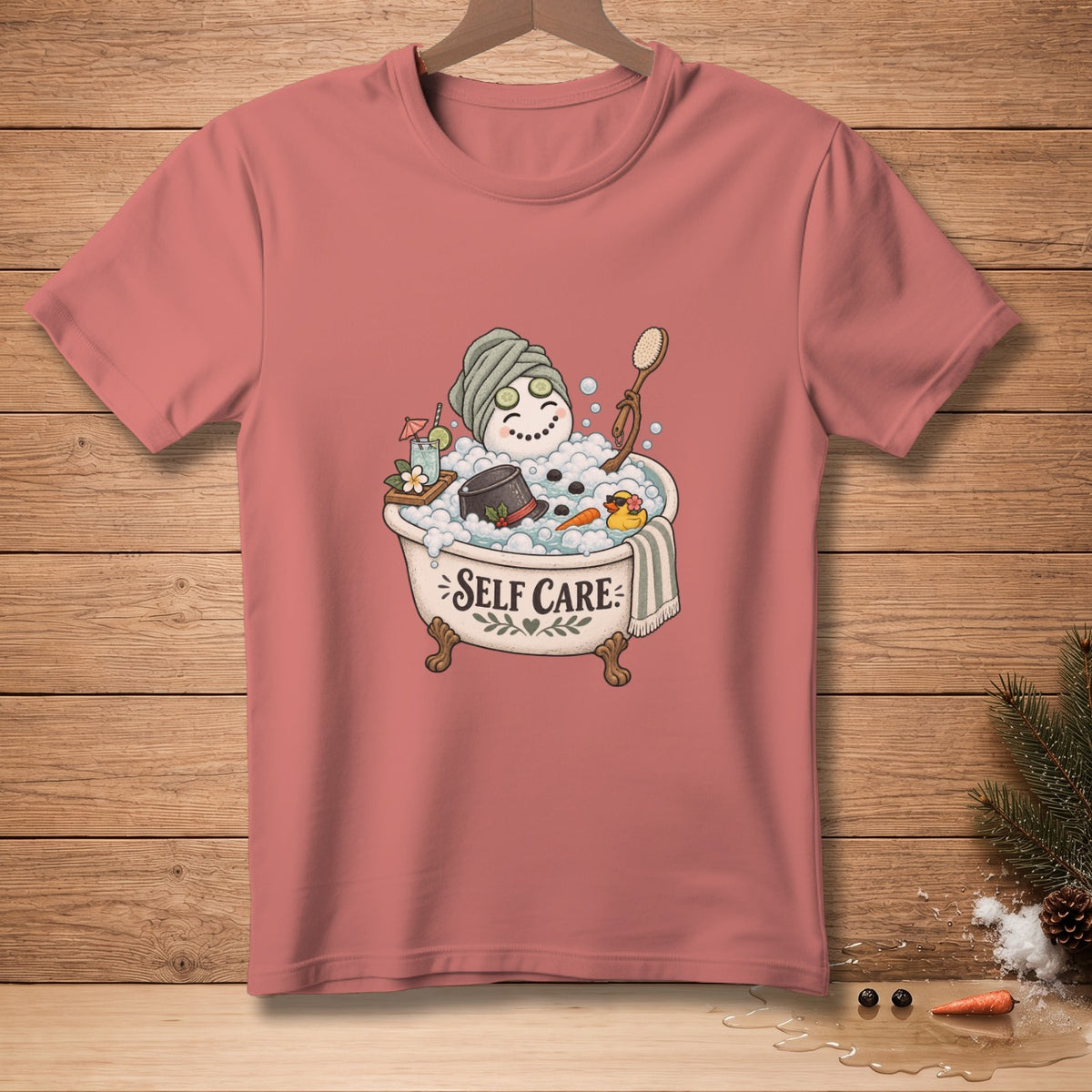 Snowman taking a bath with text "Self Care" on a pink t-shirt.