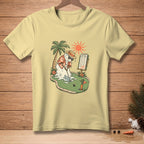 Melting snowman playing mini golf in a tropical setting with scorecard.