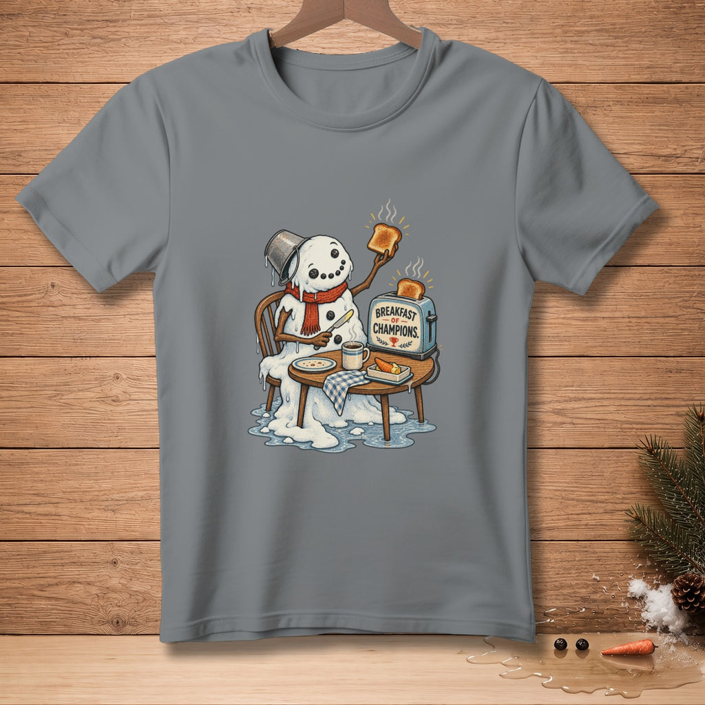 Melting snowman with toast and a "Breakfast of Champions" toaster.