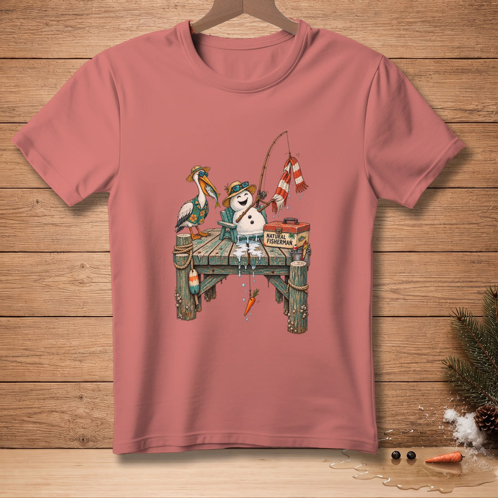 Snowman and pelican fishing on a dock, with text "NATURAL FISHERMAN".