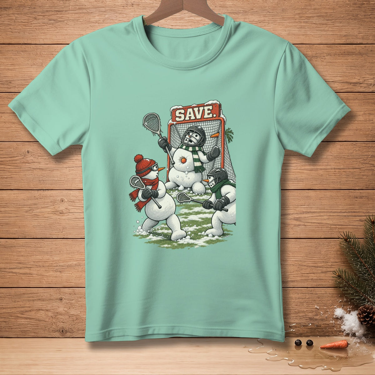 Snowmen playing lacrosse with a "SAVE." sign over the net.