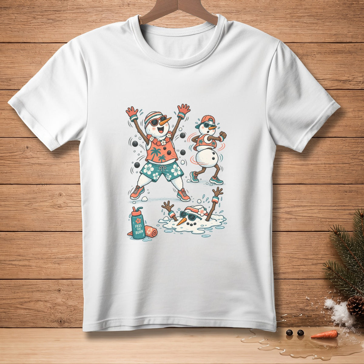 White t-shirt with cartoon snowmen wearing sunglasses and summer clothes.