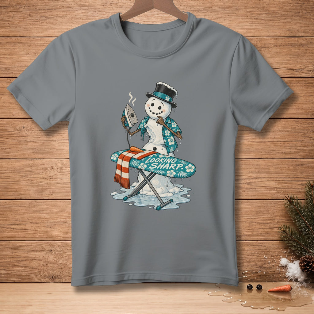 Snowman with Hawaiian shirt ironing on board with "Looking Sharp" text.