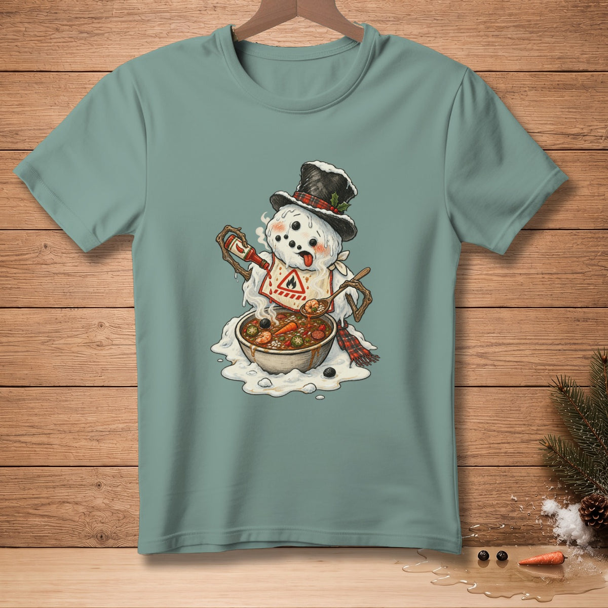 Snowman with tongue out eating soup, wearing hat and bib with chili pepper symbol.