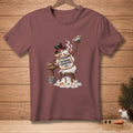 Snowman wearing a bib that says "DEFENDING CHAMPION" holding a pie.