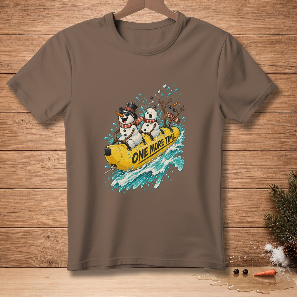 Snowmen in hats and scarves ride a banana boat through the water with "ONE MORE TIME" text.