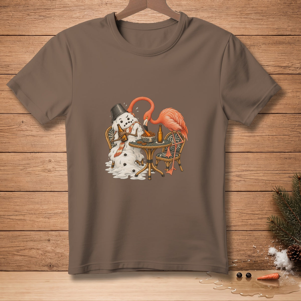 Melting snowman with a flamingo at a table with drinks.