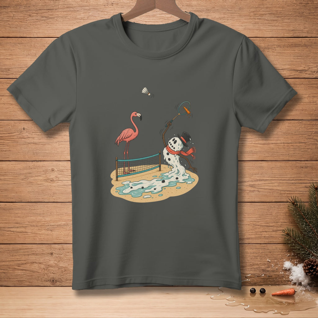 Melting snowman and flamingo playing badminton on a beach with a volleyball net.