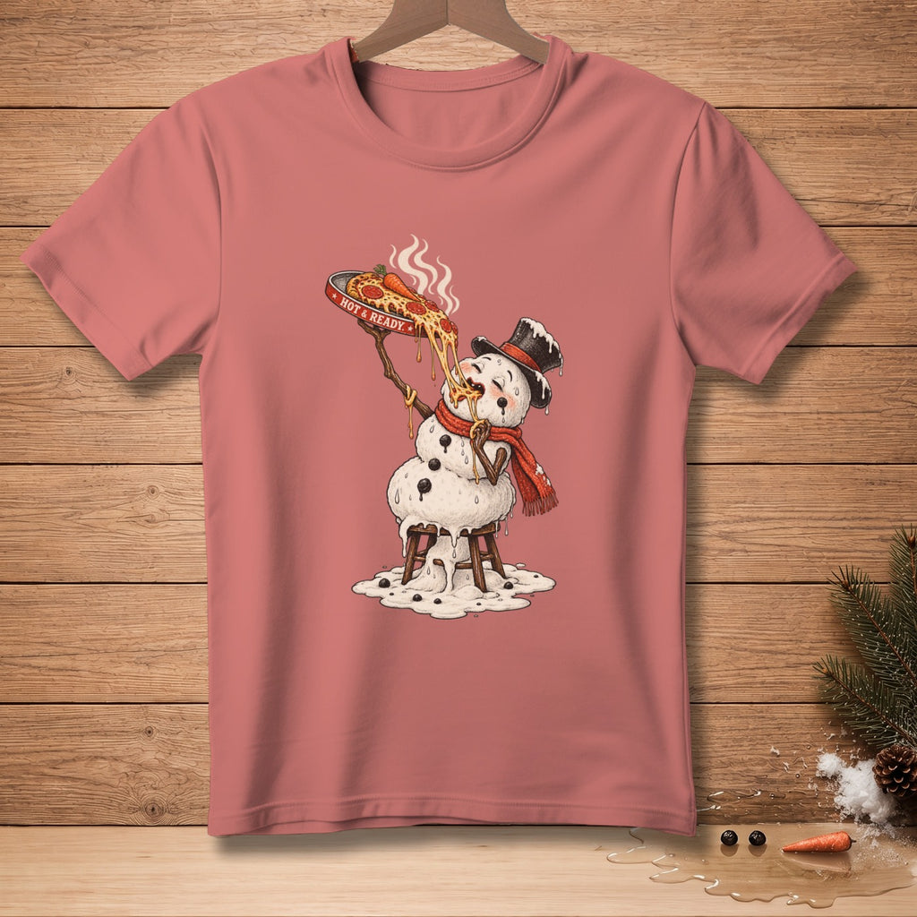 Melting snowman in top hat eating pizza with "HOT & READY" text.