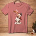 Melting snowman in top hat eating pizza with "HOT & READY" text.
