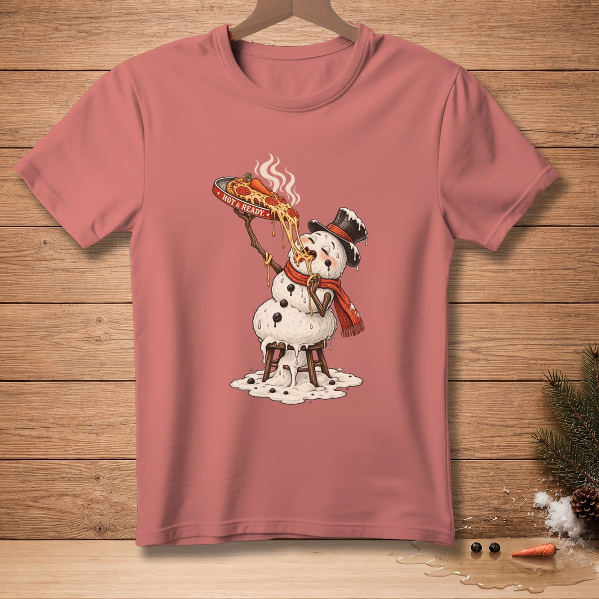 Melting snowman in top hat eating pizza with "HOT & READY" text.
