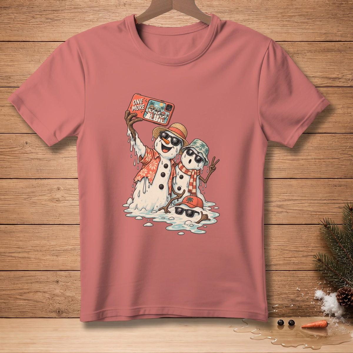 Two melting snowmen and a snowman's head taking a selfie with "ONE MORE" text.