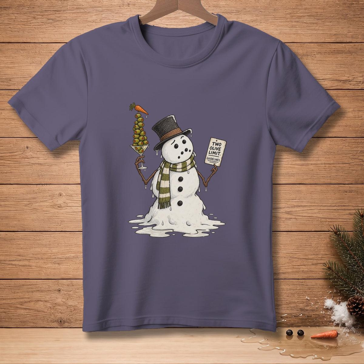 Melting snowman with olive martini and "Two Olive Limit" sign.