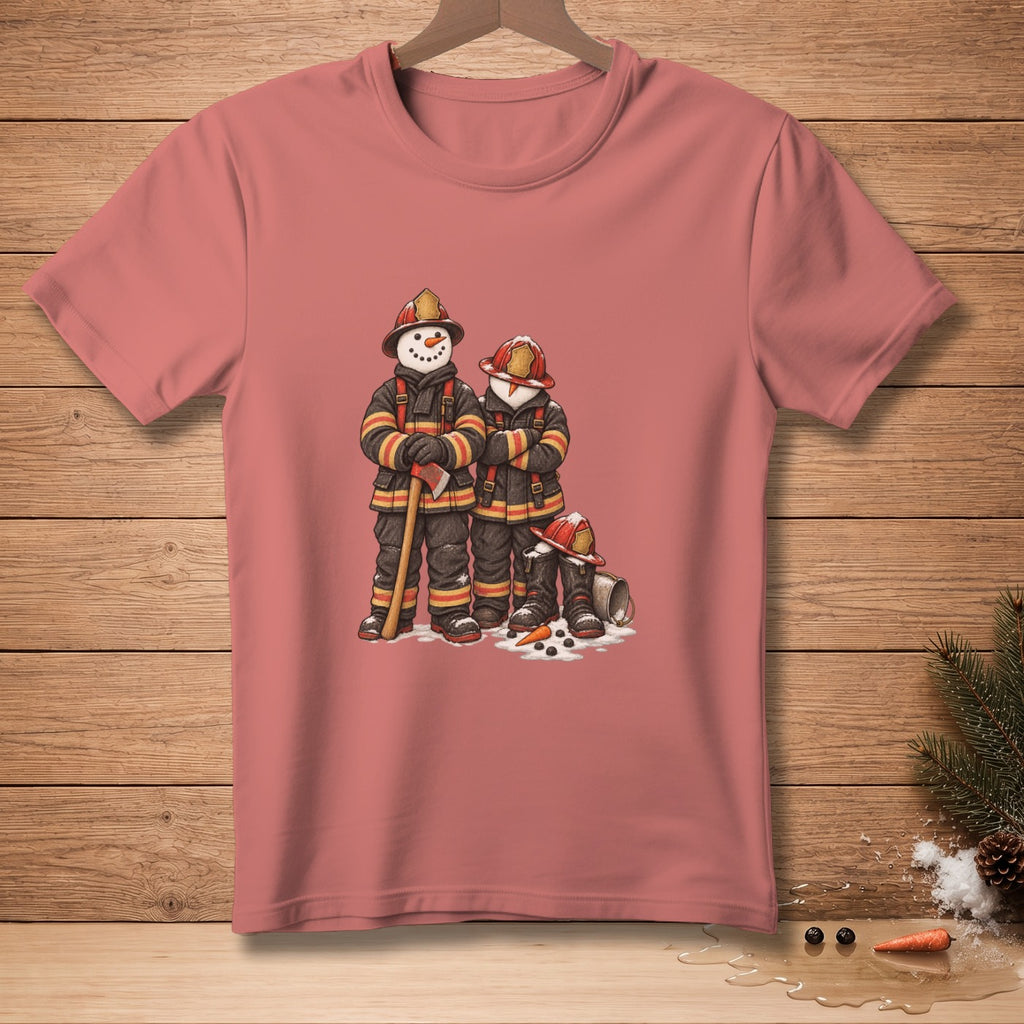 Two snowmen in firefighter gear stand with an axe and scattered carrots.