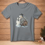 Snowman hugging a porcupine covered in ice cubes, on a grey t-shirt.