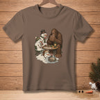 Bigfoot and snowmen play poker by lantern light.