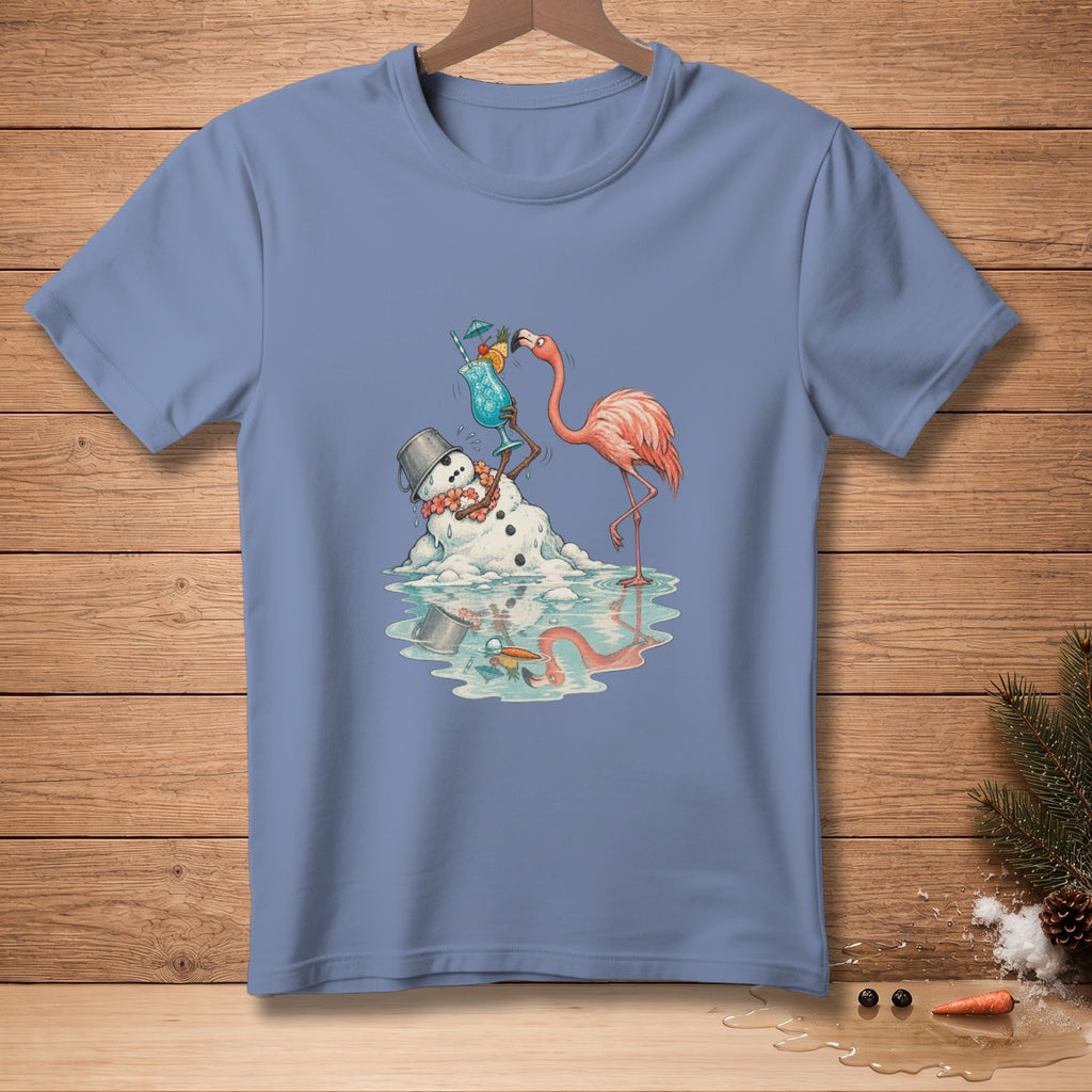Flamingo offers melting snowman a tropical drink on a melting ice floe.