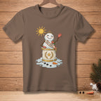 Snowman with crown, sash saying "Miss Tropics", waving under the sun.