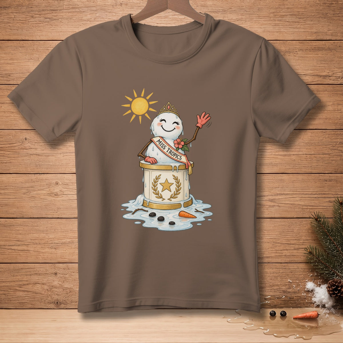Snowman with crown, sash saying "Miss Tropics", waving under the sun.