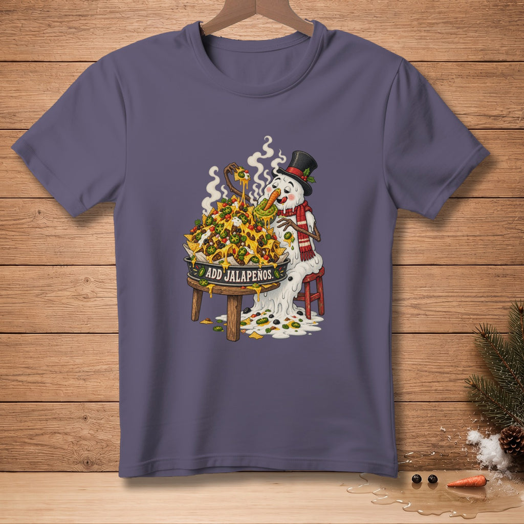 Snowman eating nachos with text "ADD JALAPENOS" on a purple t-shirt.