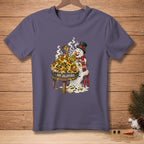 Snowman eating nachos with text "ADD JALAPENOS" on a purple t-shirt.