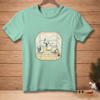 Snowmen playing squash in a court, one is hitting a ball.