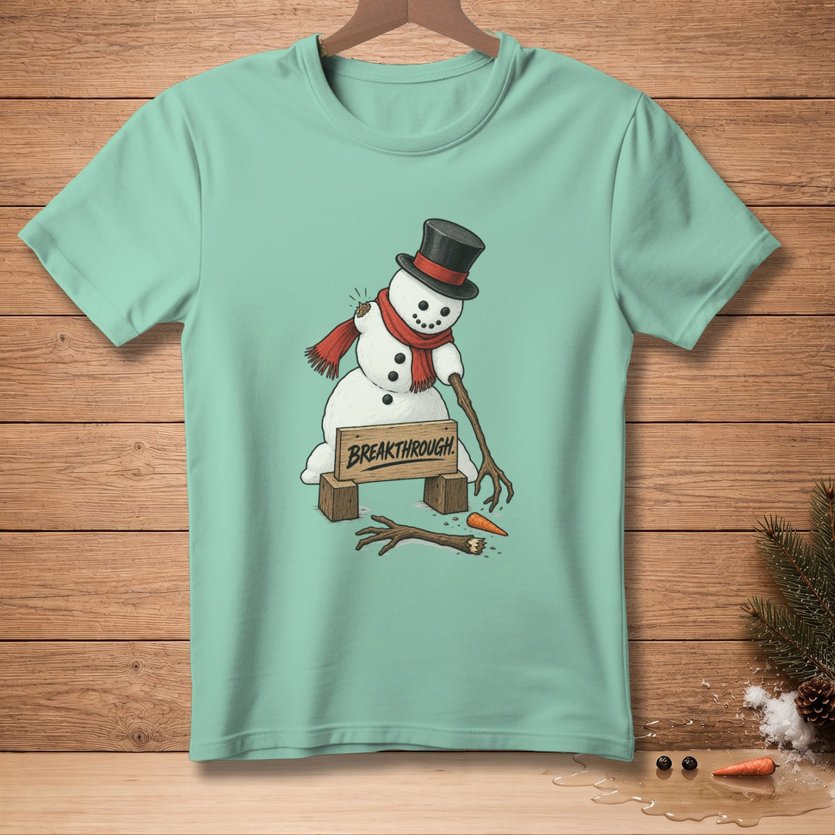 Snowman in top hat breaks through wooden sign reading "BREAKTHROUGH".