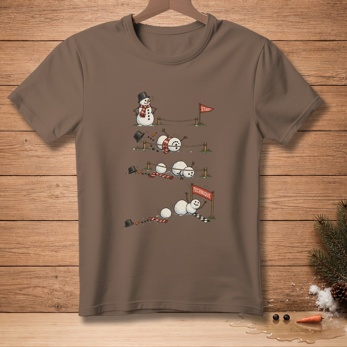 Cartoon snowmen racing with a start and technique flag.