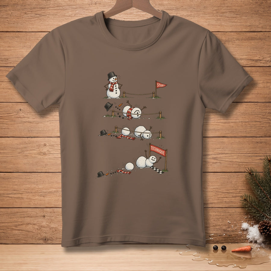 Cartoon snowmen racing with a start and technique flag.