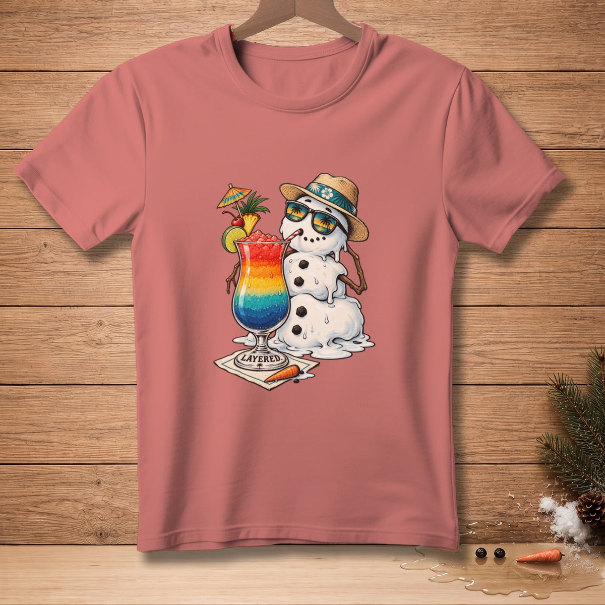 Melting snowman in sunglasses and hat with layered rainbow drink, text "LAYERED."